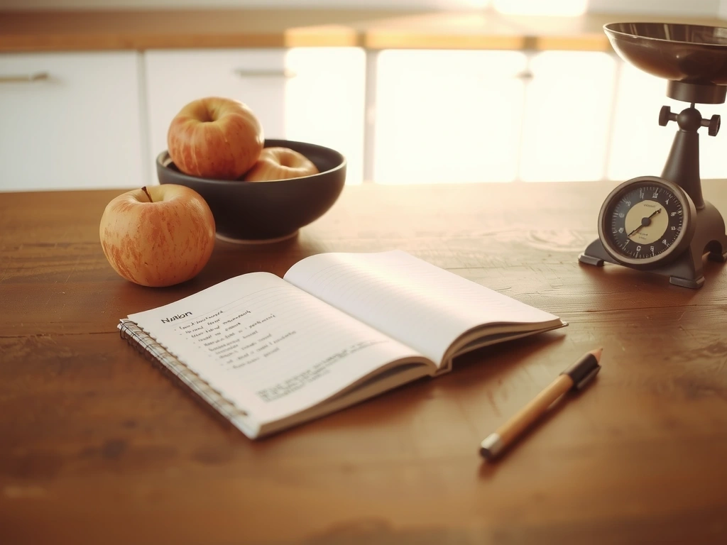 Notizbuch mit handgeschriebenen Notizen und Obst auf einer Küchentheke